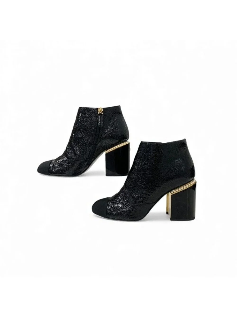 Chanel Short Boots Shoes Leather Fabric Black Gold CC Logo Pearl - Picture 3 of 10